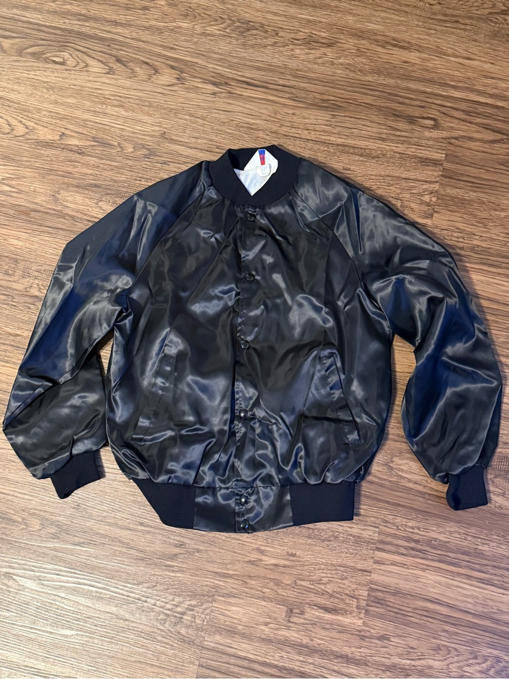 Vintage 80s West Ark Men's Black Satin VFW Bomber Jacket in Size Medium